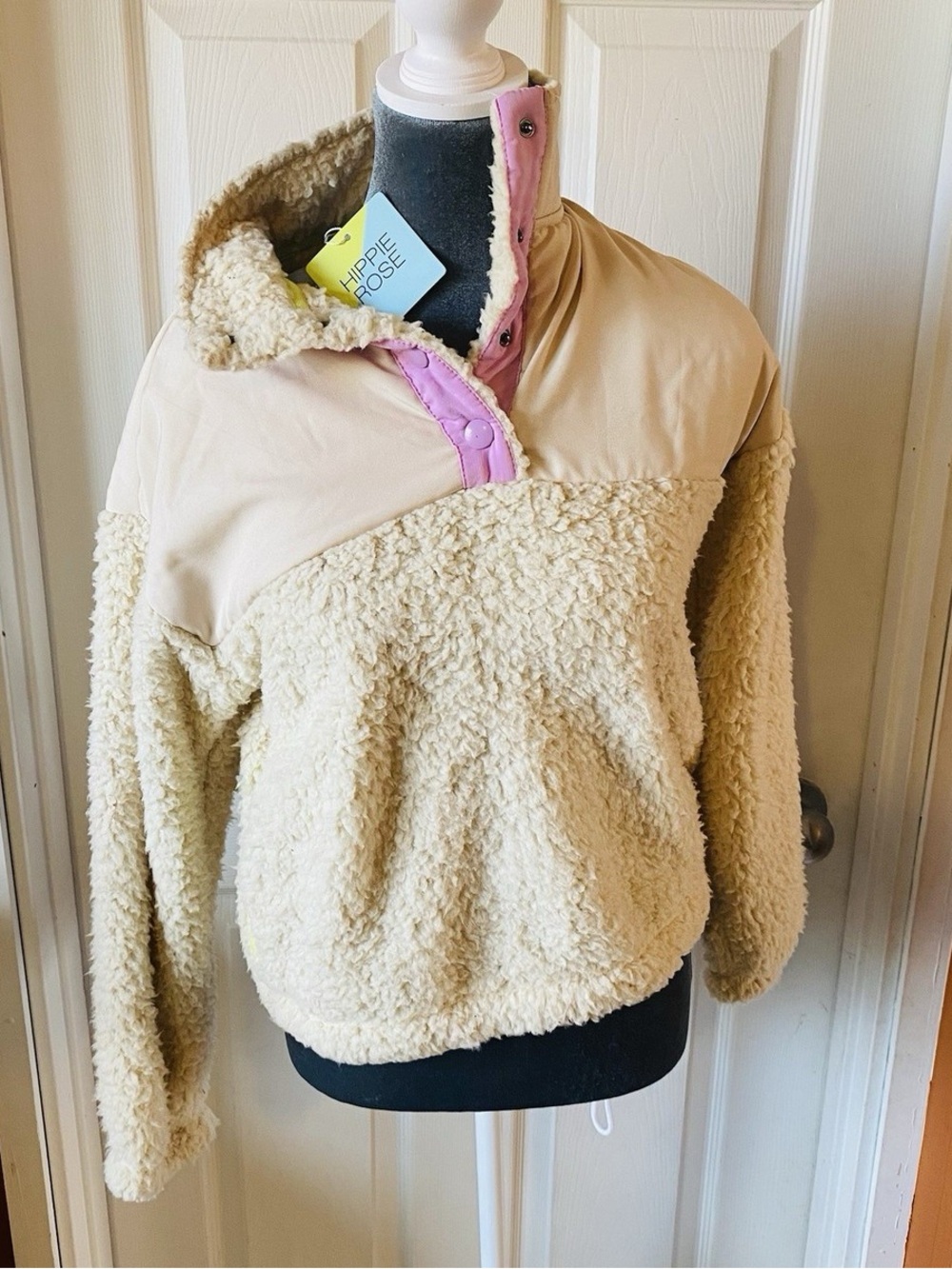 Hippie Rose Cream Sherpa Jacket with Neon Yellow Trim